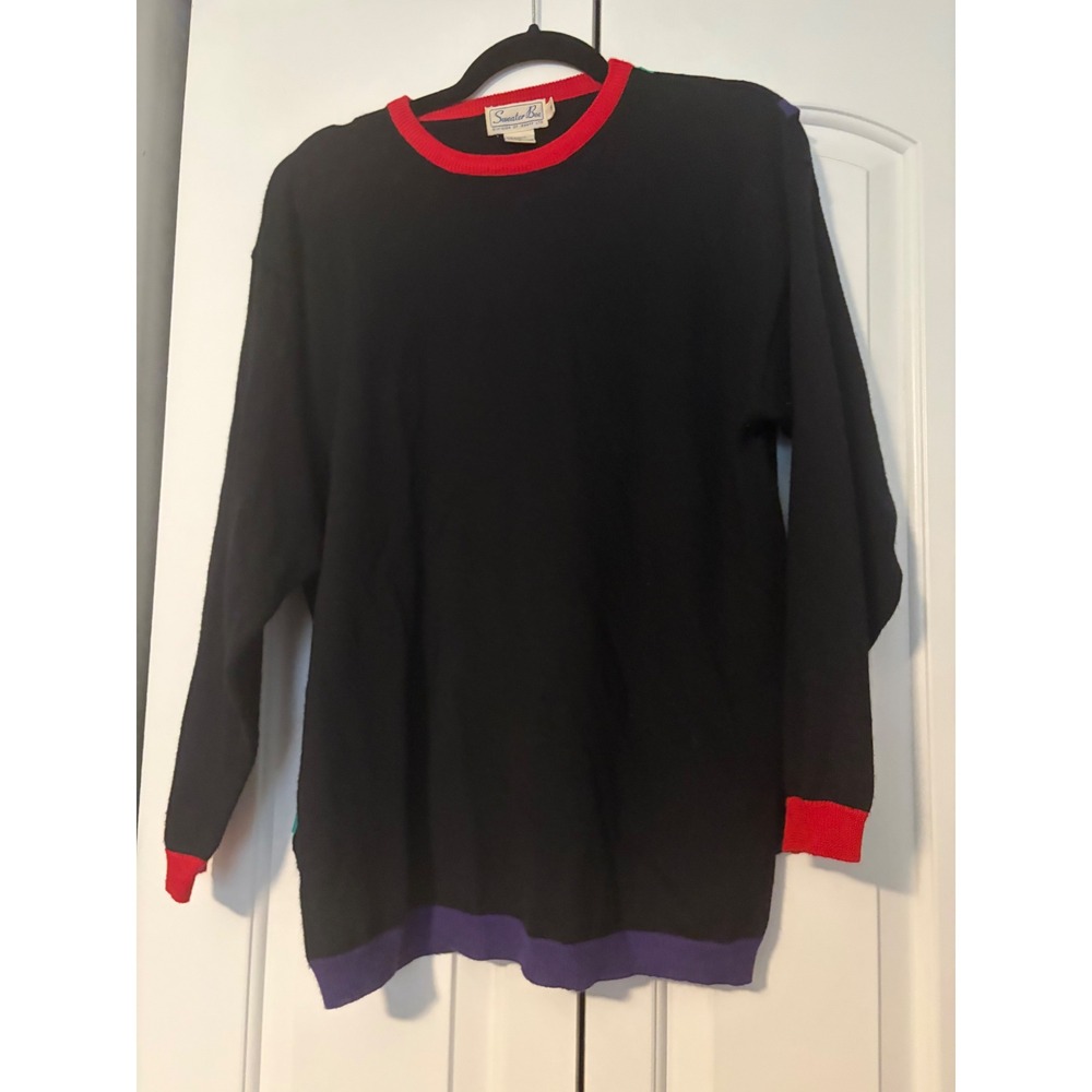Sweater Bee Black Purple Green Red Trim Long Sleeve Knit Sweater Size S - Picture 6 of 7